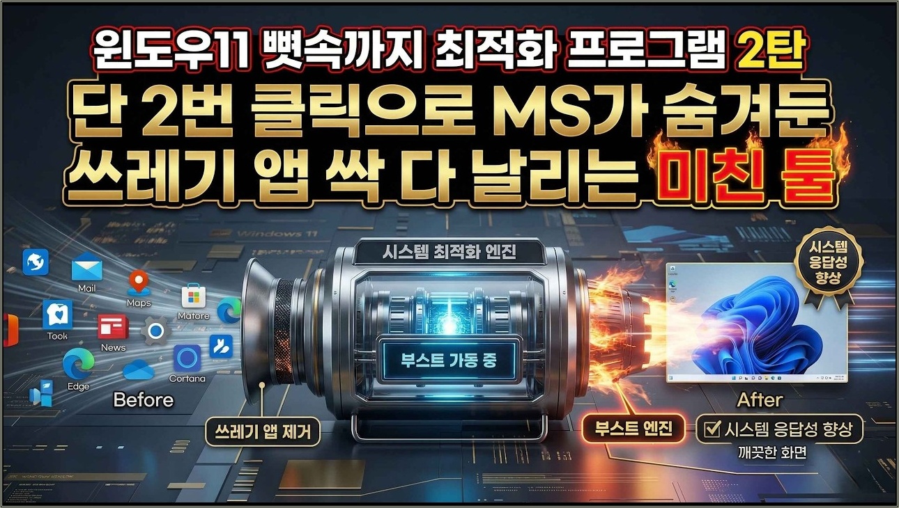 윈도우11 뼛속까지 최적화 프로그램 2탄, 단 2번 클릭으로 MS가 숨겨둔 쓰레기 앱 싹 다 날리는 미친 툴