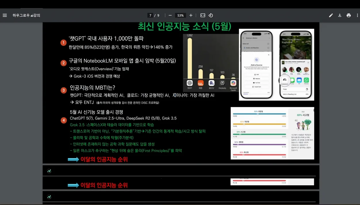 5월의 최신 인공지능 뉴스/ AI모델 대규모 업데이트 소식/ AI최초 1,000만 사용자 확보 / Grok 3.5 성능 - 현장 스냅 2 - 인공지능