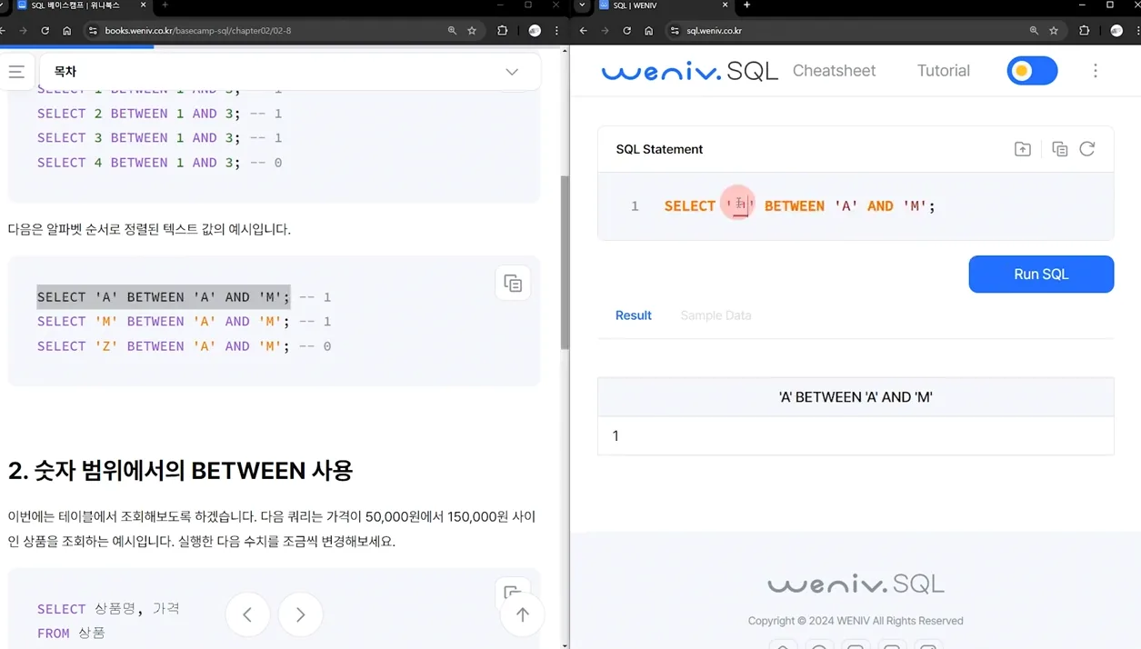 SQL 베이스캠프 - 9. BETWEEN - 실전 화면 1 - SQLBETWEEN