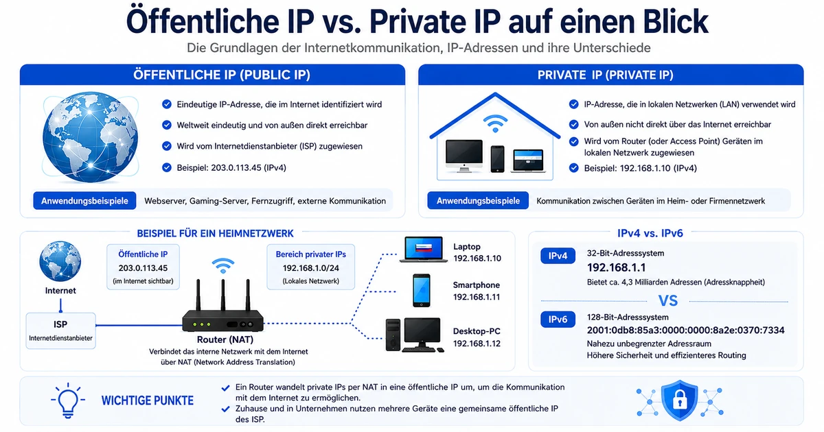 Infografik öffentliche IP vs private IP — ISP, Router und Heimnetzwerk mit privater IP