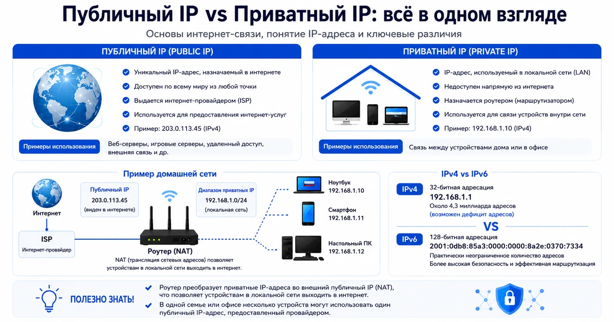 Инфографика публичный IP против локального IP — провайдер, роутер и домашняя сеть