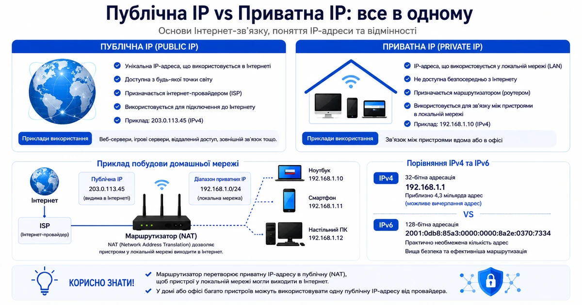 Інфографіка публічна IP проти приватної IP — провайдер, роутер і домашня мережа з приватною IP