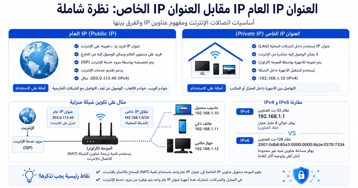 انفوجرافيك IP العام مقابل IP الخاص — مزود الخدمة والراوتر وشبكة المنزل بـ IP الخاص