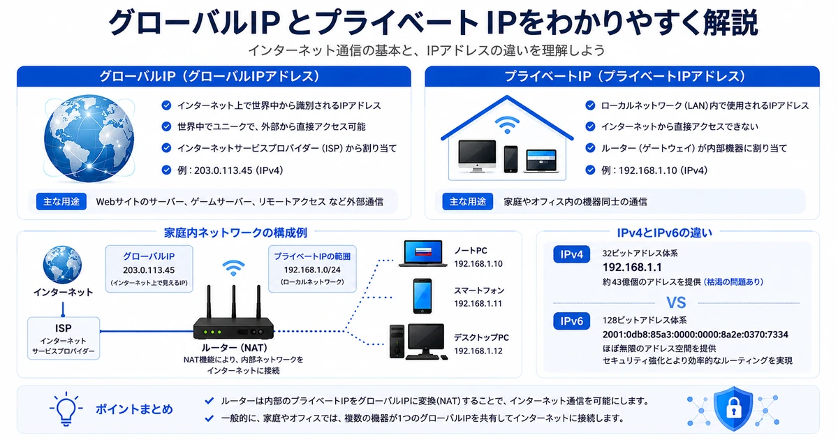 グローバルIPとプライベートIPの違いを表すインフォグラフィック — ISP・ルーター・家庭内ネットワーク構成