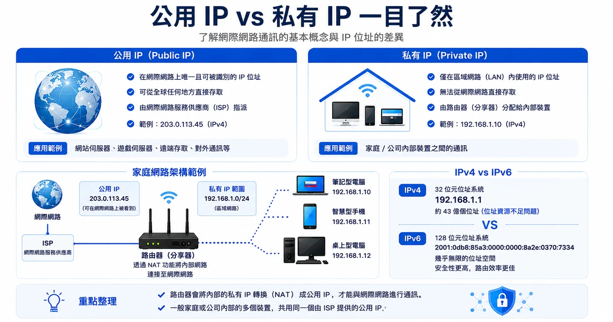 公有IP 與私有IP差異資訊圖 — ISP·分享器·家庭網路私有IP結構