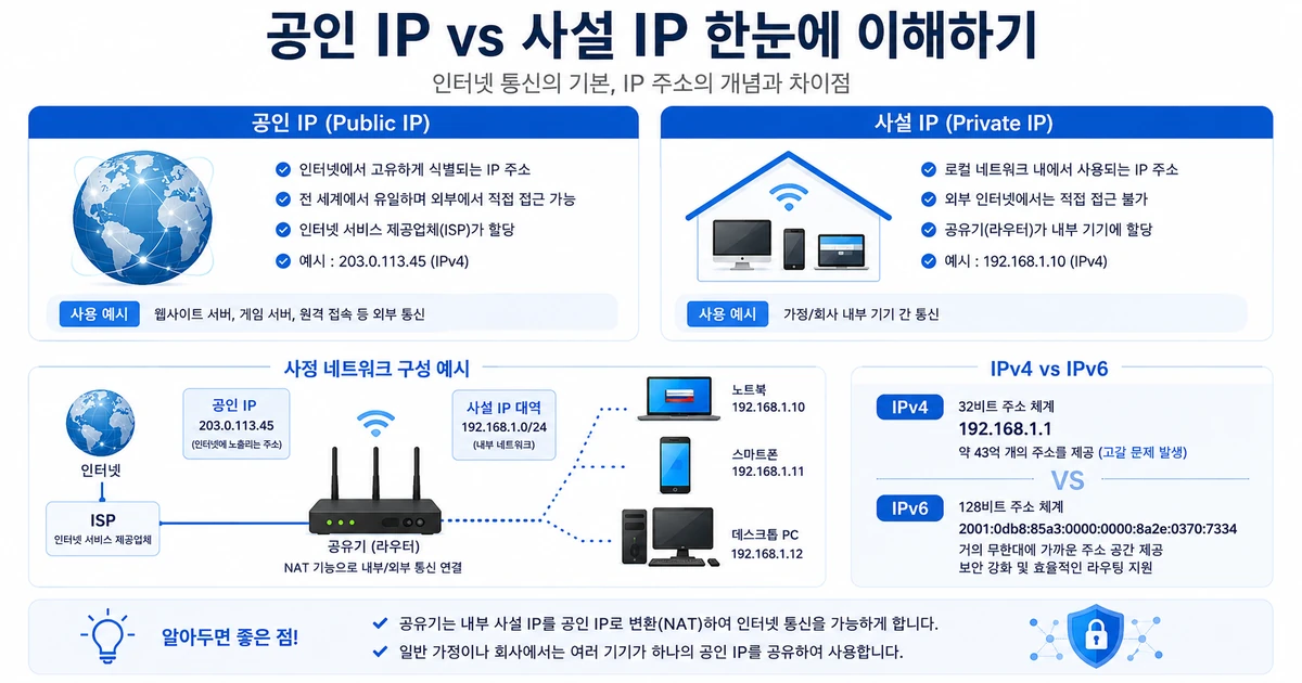 공인 IP와 사설 IP 차이 인포그래픽 — ISP·공유기·사설 IP 가정용 네트워크 구조