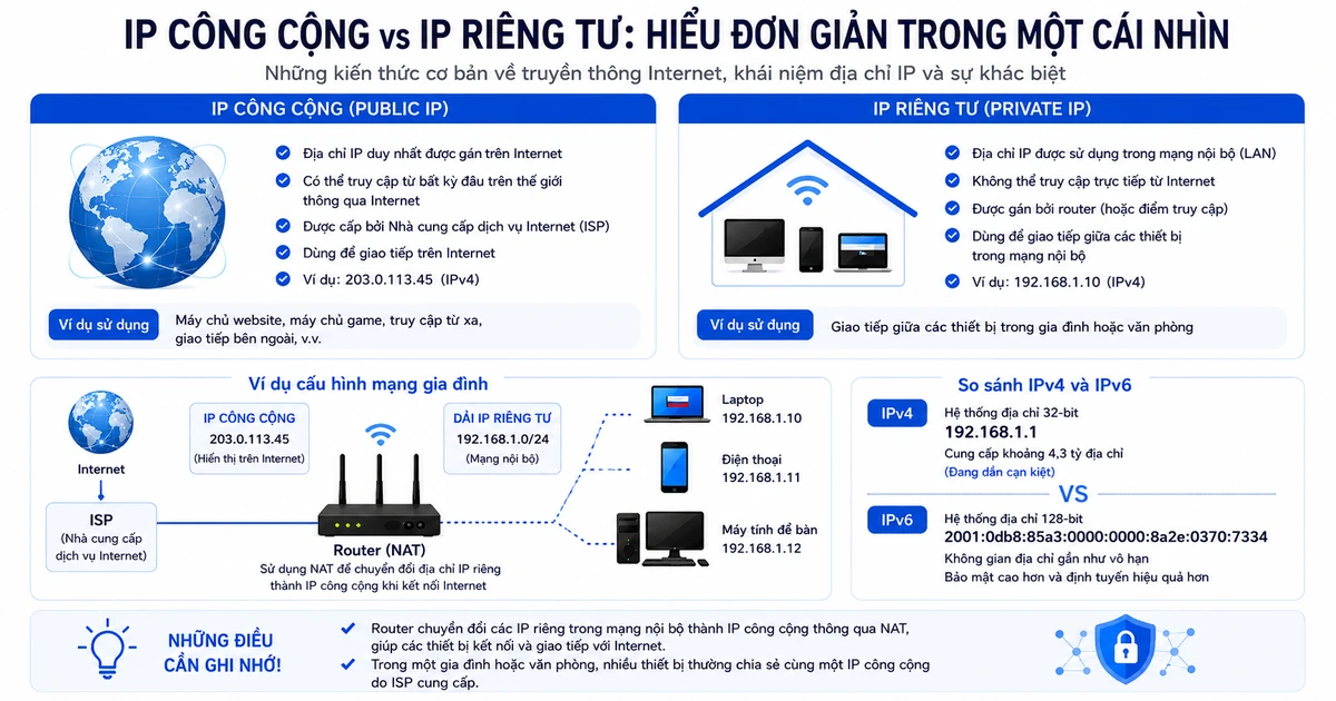 Infographic IP công cộng và IP riêng — ISP, router, mạng gia đình với IP riêng