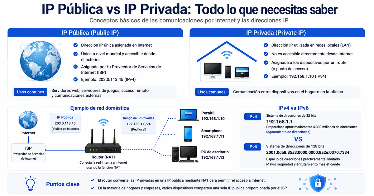 Infografía IP pública vs IP privada — ISP, router y red doméstica con IP privada