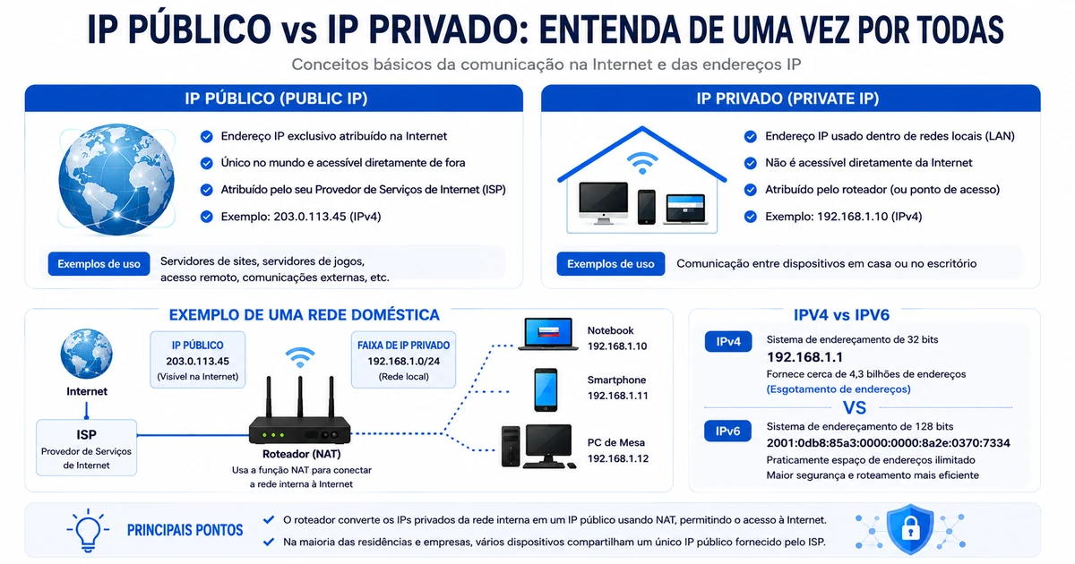 Infográfico IP público vs IP privado — ISP, roteador e rede doméstica com IP privado