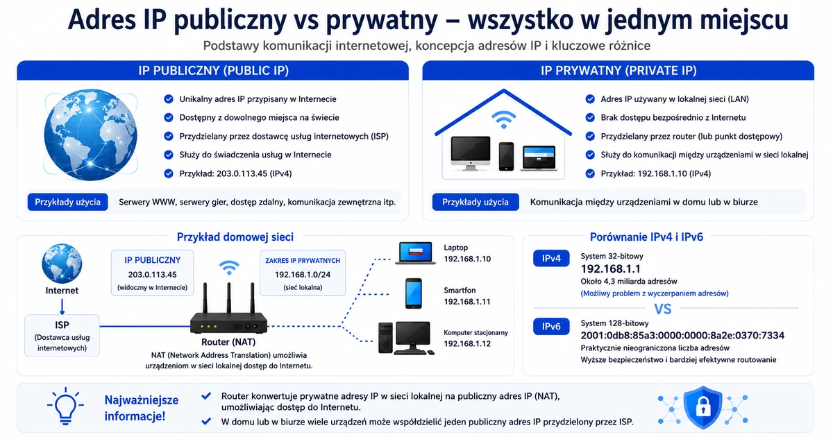 Infografika publiczne IP vs prywatne IP — dostawca internetu, router i sieć domowa z prywatnym IP