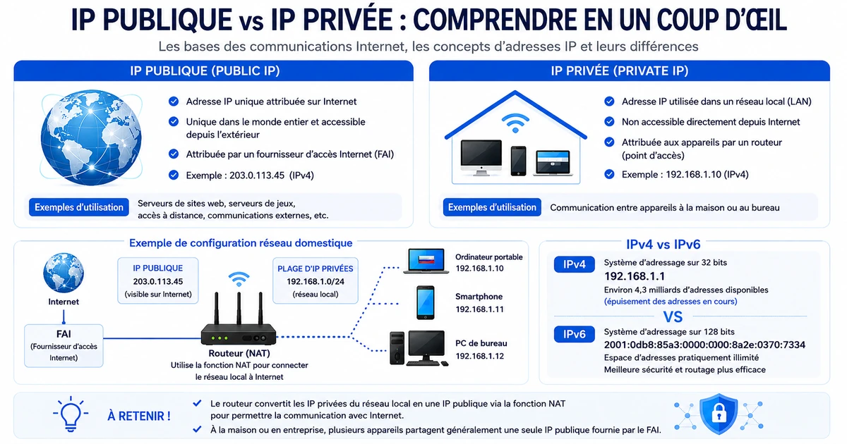 Infographie IP publique vs IP privée — FAI, box / routeur et réseau domestique avec IP privée