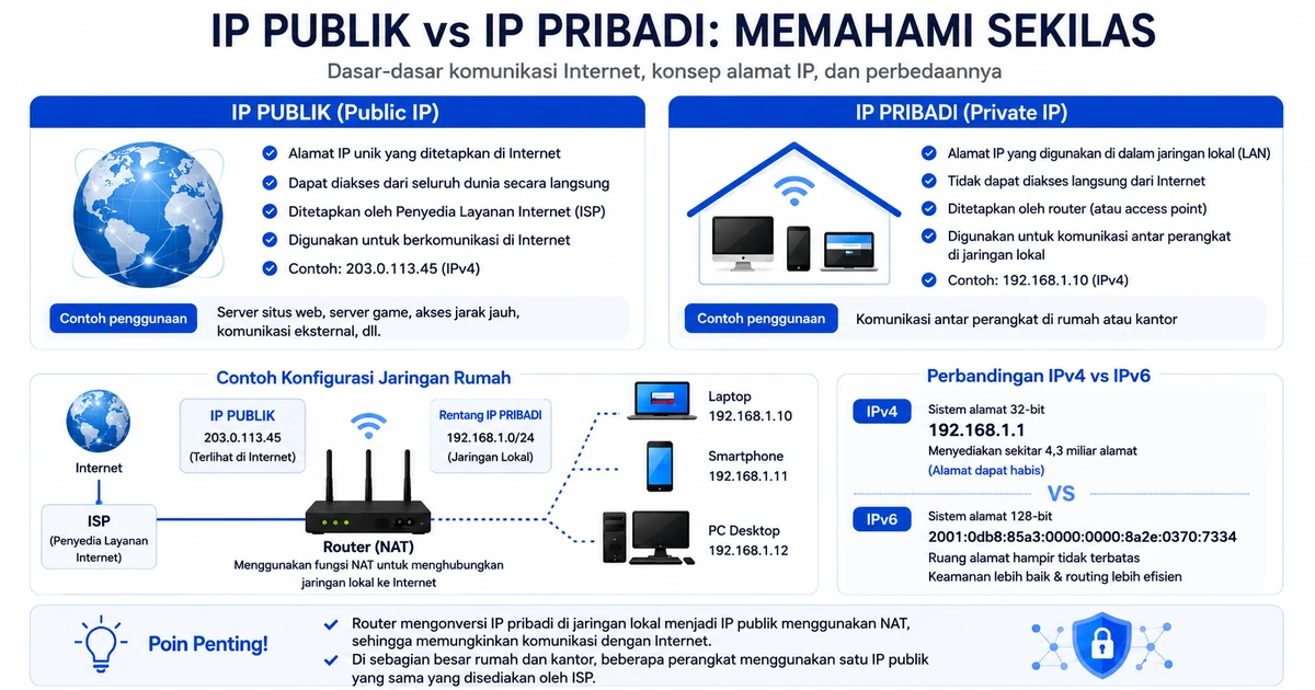 Infografis IP publik vs IP privat — ISP, router, dan jaringan rumah dengan IP privat