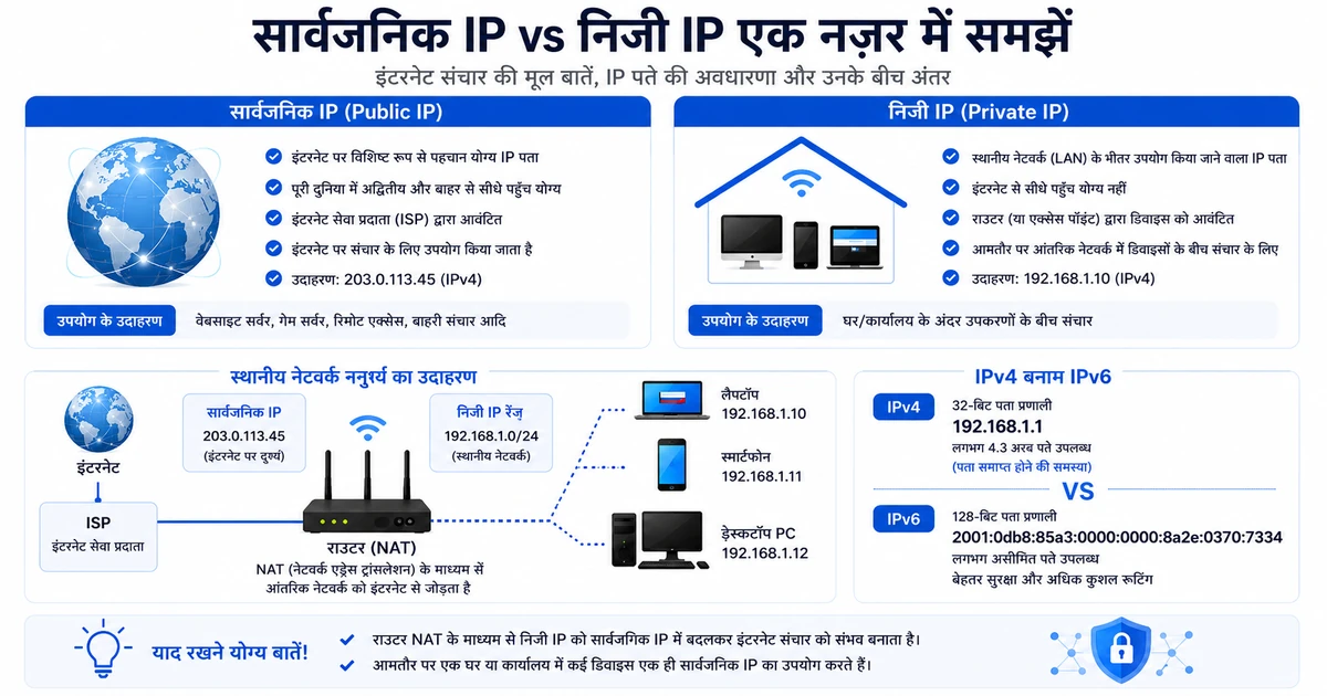 सार्वजनिक IP बनाम निजी IP इन्फोग्राफिक — ISP, राउटर और निजी IP वाला होम नेटवर्क