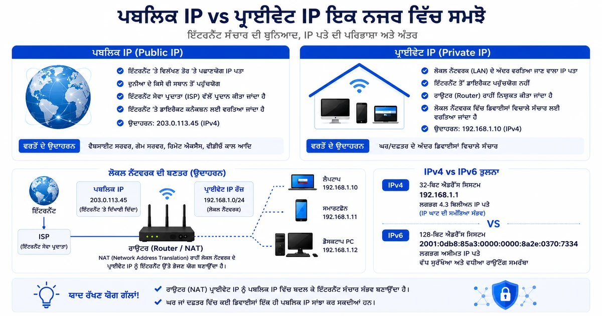 ਪਬਲਿਕ IP ਬਨਾਮ ਪ੍ਰਾਈਵੇਟ IP ਇਨਫੋਗ੍ਰਾਫਿਕ — ISP, ਰਾਊਟਰ ਤੇ ਘਰੇਲੂ ਨੈੱਟਵਰਕ ਵਿੱਚ ਪ੍ਰਾਈਵੇਟ IP