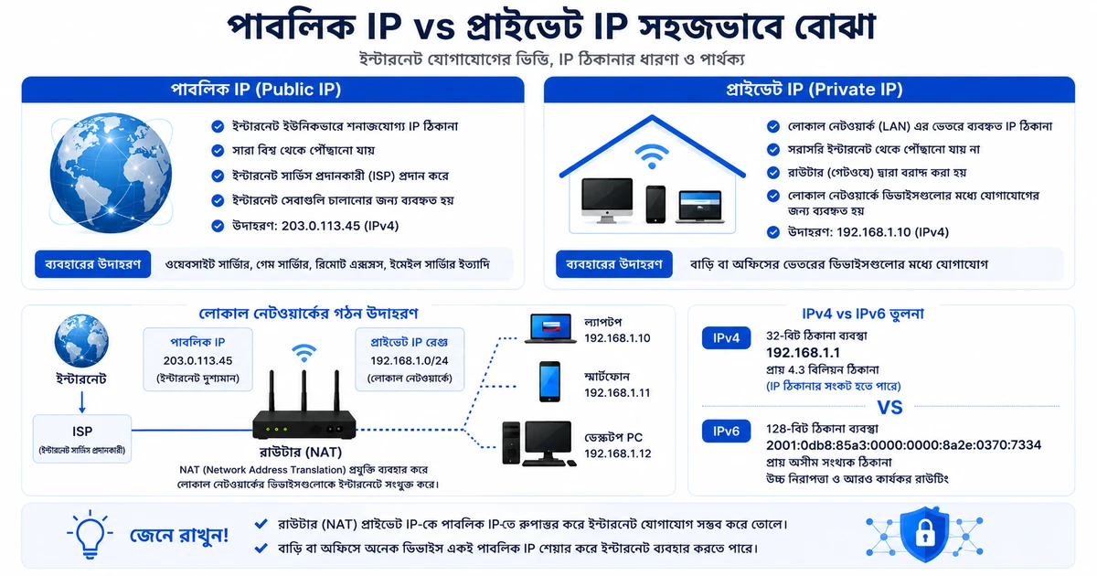 পাবলিক IP বনাম প্রাইভেট IP ইনফোগ্রাফিক — ISP, রাউটার ও বাড়ির নেটওয়ার্কে প্রাইভেট IP