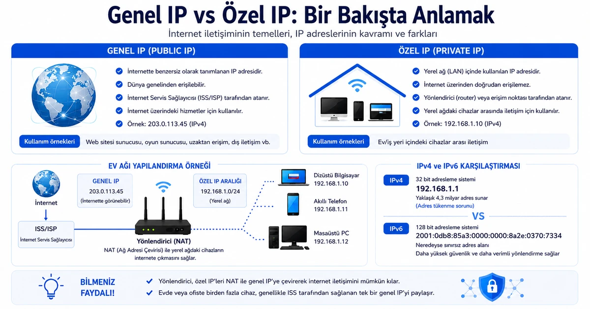 Genel IP ile özel IP farkı infografiği — ISS, modem/router ve ev ağında özel IP yapısı