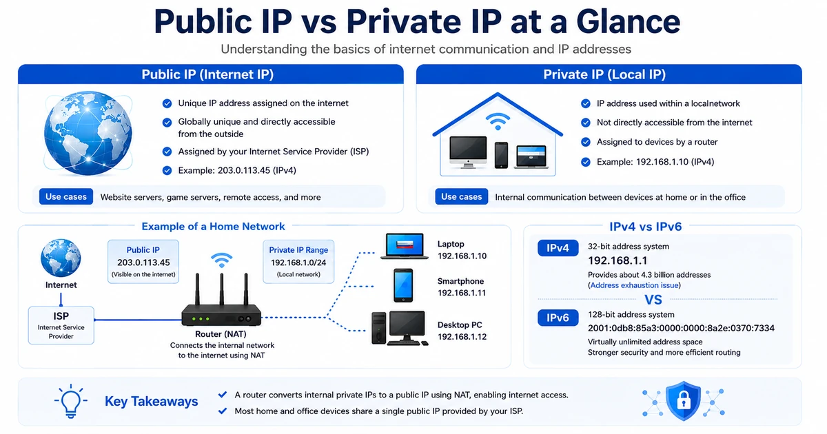 Public IP vs private IP infographic — ISP, router and private IP home network diagram